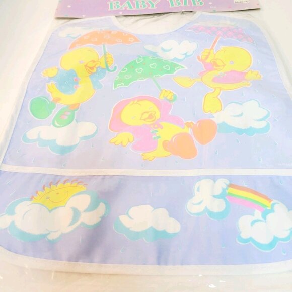 Vtg Bavette Amscan Multi Color Baby Ducks Rainbows Sun Clouds Umbrellas Bib - Picture 3 of 6